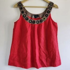 Boden Linen Sleeveless Top with Embroidered Neckline Size 12 Red & Brown NWOT